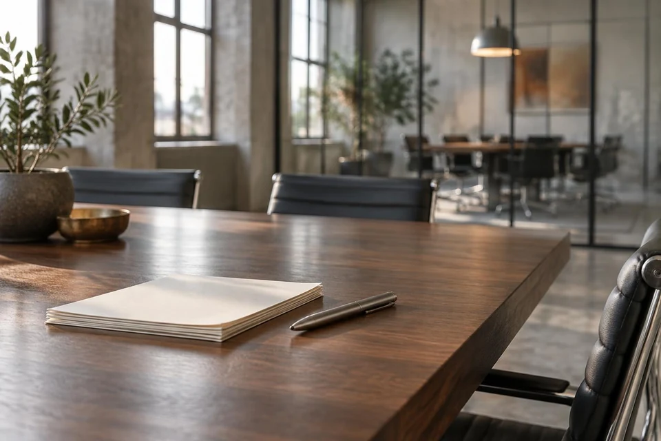 Konferenztisch mit Papier und Stift