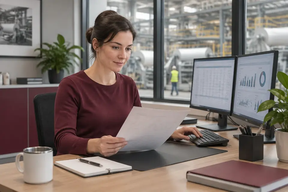 Eine Mitarbeiterin überträgt Daten von Papier in zwei Systeme