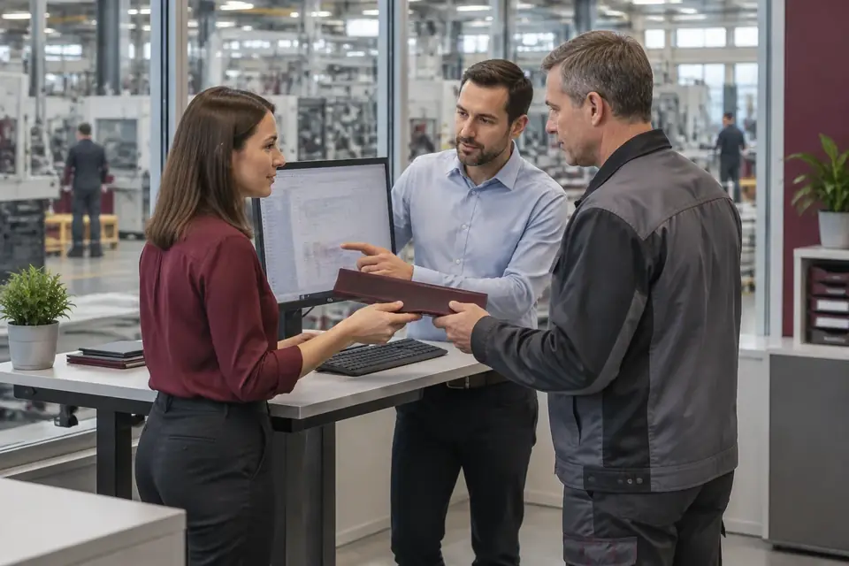 Ein Auftrag wird im Werksbüro von Hand zu Hand weitergereicht