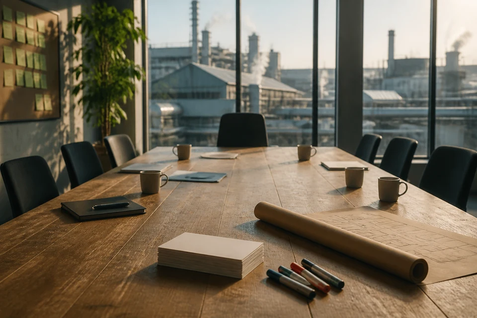 Leerer Schulungsraum im Werk mit Moderationskarten und Brown-Paper vor Workshopbeginn