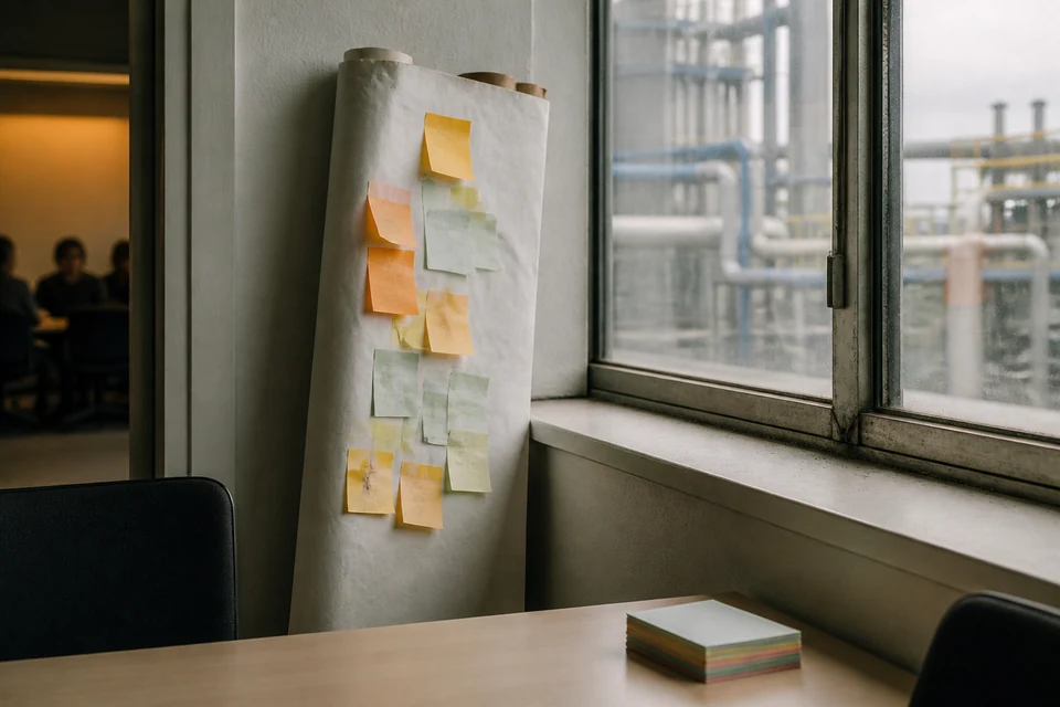 Zusammengerolltes Flipchart-Blatt mit verblassten Haftnotizen in der Ecke eines Besprechungsraums