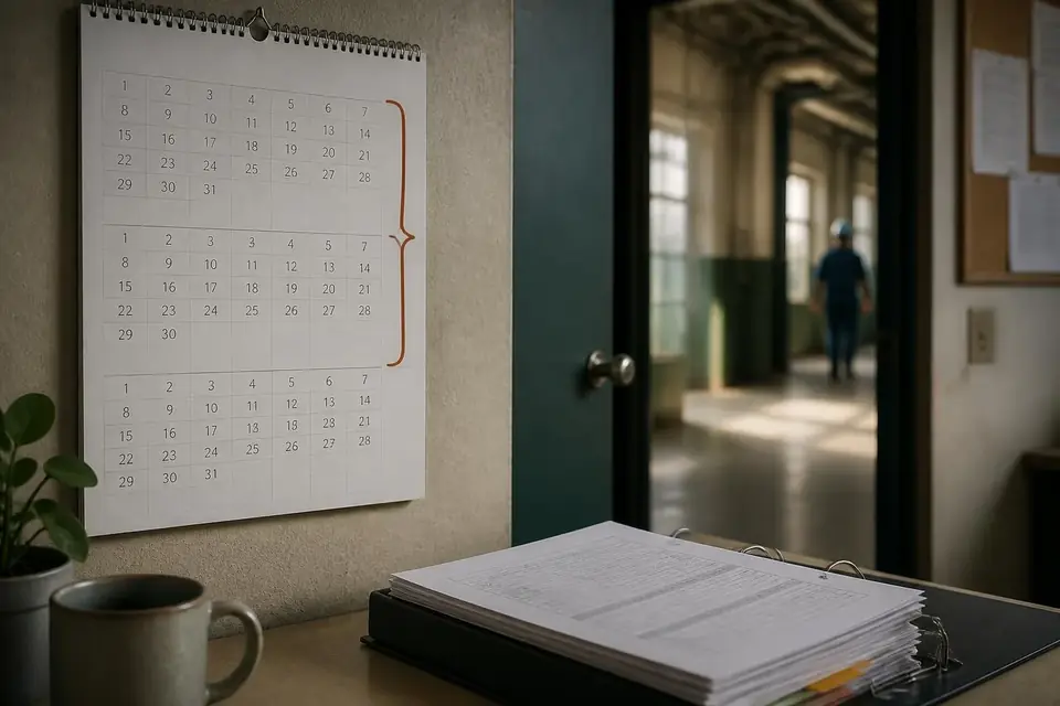 Wandkalender mit markierten drei Monaten neben einem Auditbericht