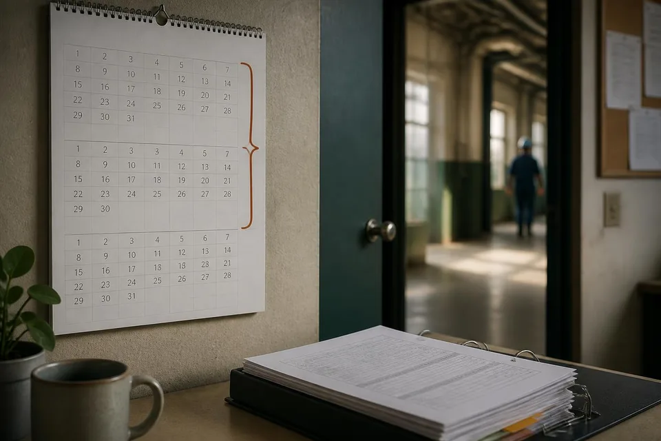 Wandkalender mit markierten drei Monaten neben einem Auditbericht