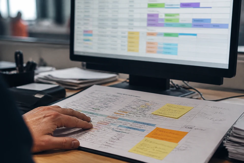 Bildschirm mit Software-Workflow und daneben ein handschriftlich kommentierter Papierausdruck