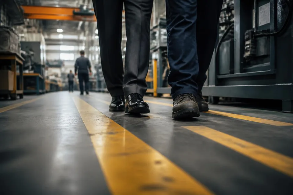 Businessschuhe neben Sicherheitsschuhen auf einer Bodenmarkierung in der Halle
