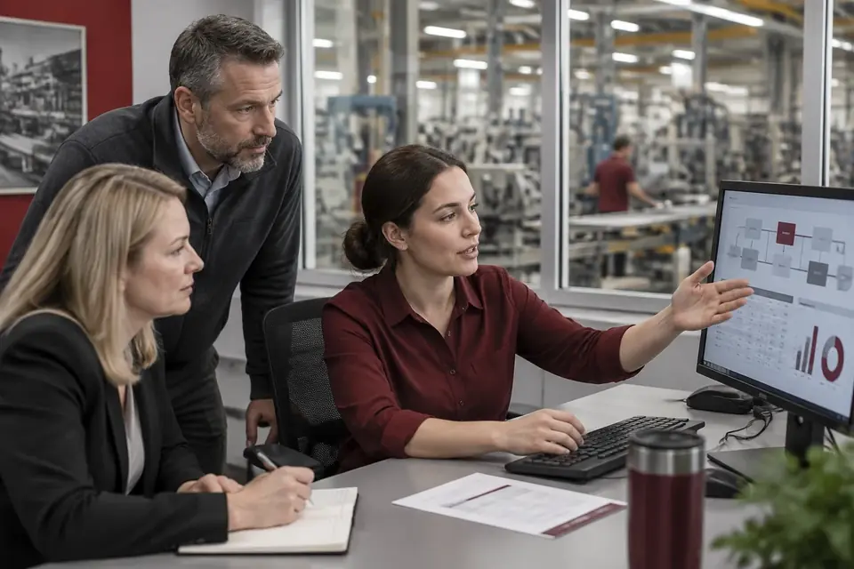 Eine Analystin überträgt Papierdaten am Bildschirm unter Beobachtung der Führung