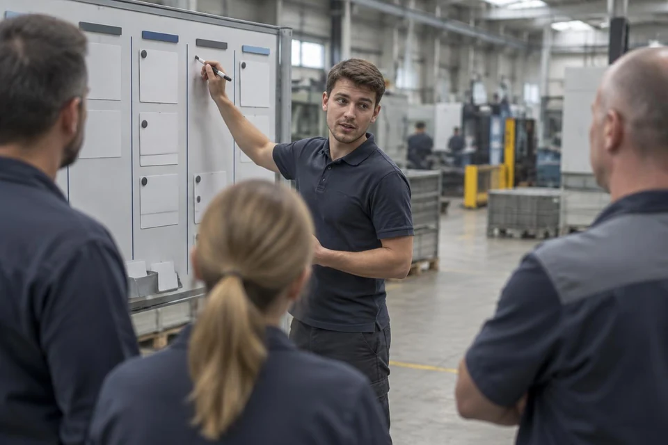 Junger Mitarbeiter moderiert selbst an einem Shopfloor-Board vor Kollegen