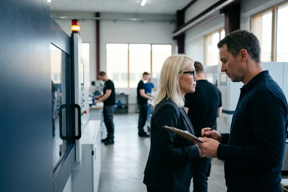 Werkleiter und Werker im Gespräch am Gemba
