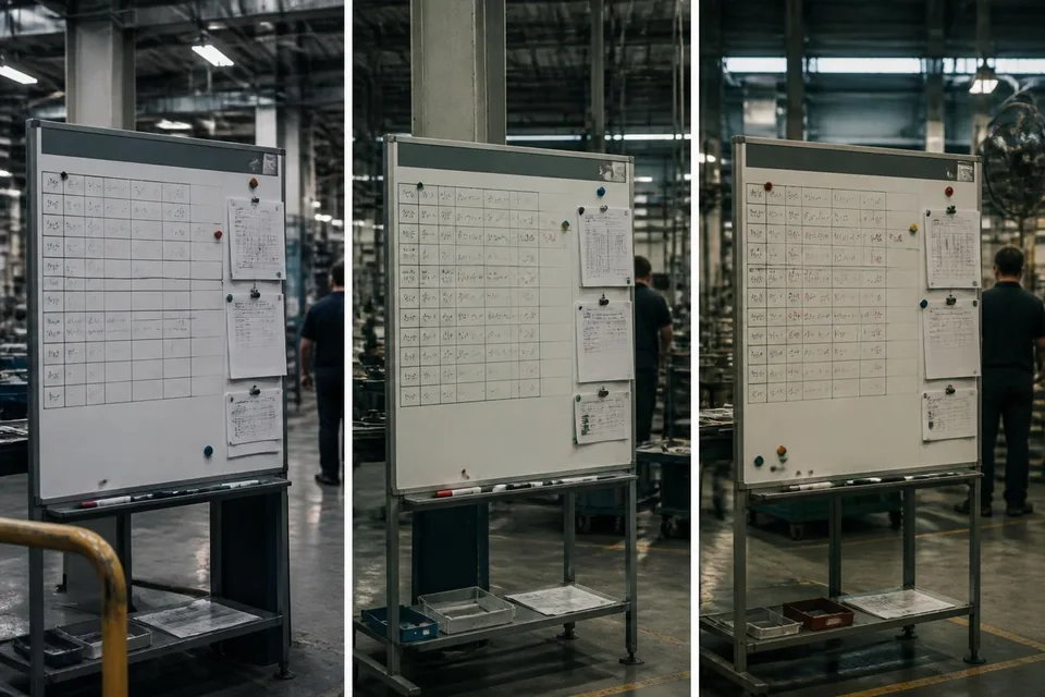 Drei ähnliche Shopfloor-Boards aus drei Werken als Triptychon