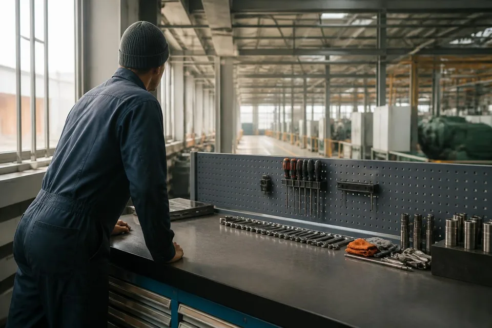 Werker an einem perfekt organisierten, aber stillstehenden Arbeitsplatz