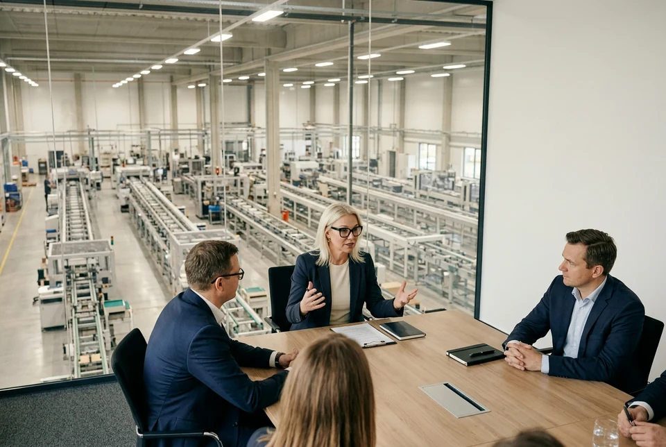 Lucyna Gorges führt eine strategische Besprechung mit Werkleitung und Führungskräften über einer grossen Produktion