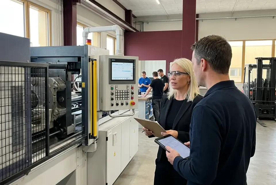 Lucyna Gorges beim Gemba Walk mit der Werkleitung auf einer Galerie über der Produktion