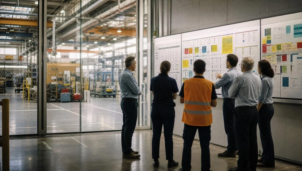 Team aus Werkleitung, Fertigung und Office bespricht Kennzahlen an einem Shopfloor-Board mit Blick in die Montagehalle