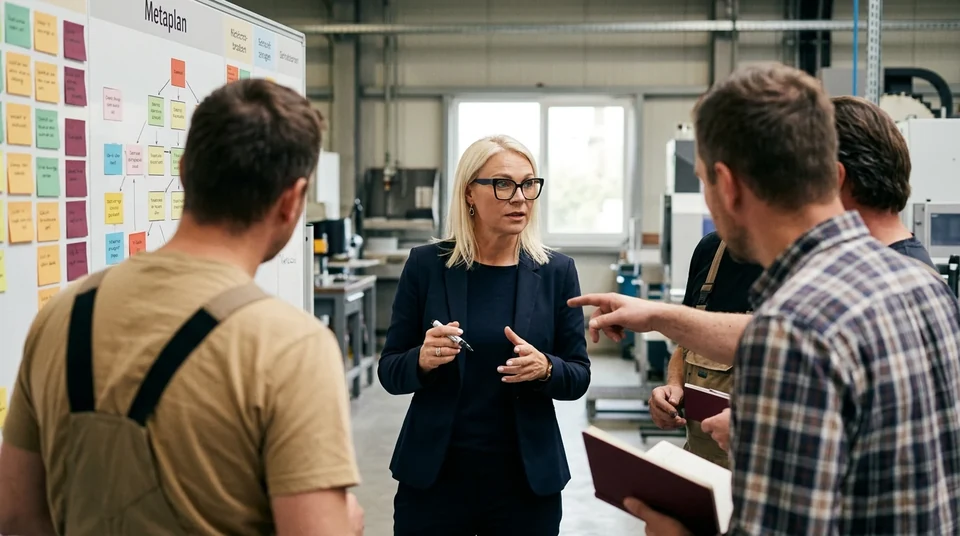 Lucyna Gorges moderiert einen Lean-Workshop im Obeya-Raum eines grossen Werks