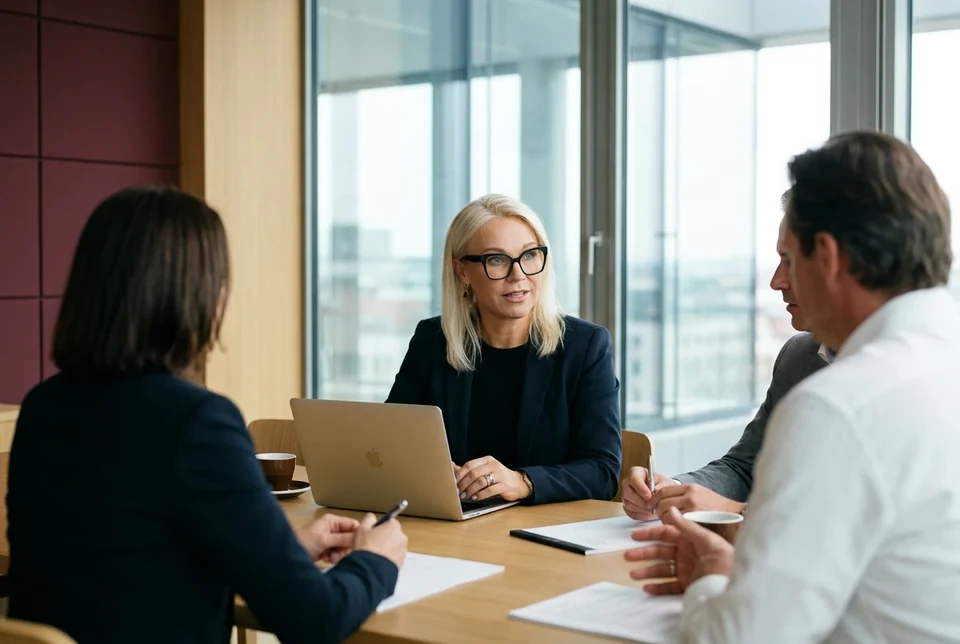 Lucyna Gorges in einem Meeting im Konferenzraum mit Glasfront zur Produktion