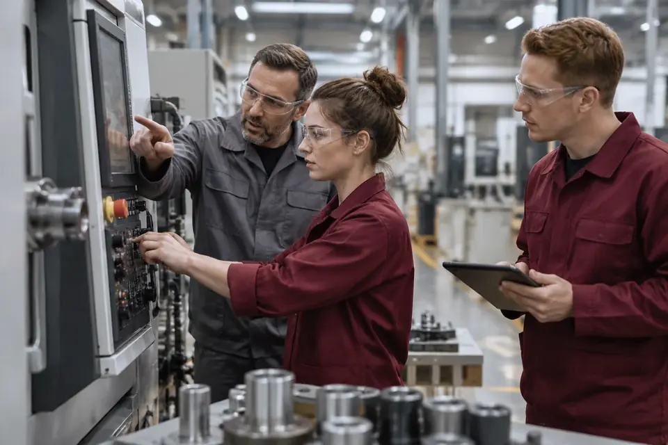 Ein Meister repariert die Anlage selbst, während sein Team wartet
