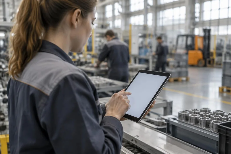 Werker erfasst Rückmeldungen per Tablet in der Kunststoffproduktion