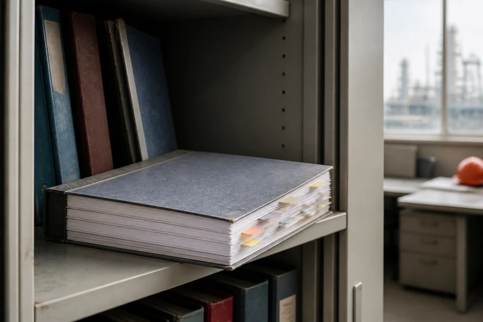 Gebundener Befragungsbericht mit Staubschicht in einem geöffneten Büroschrank