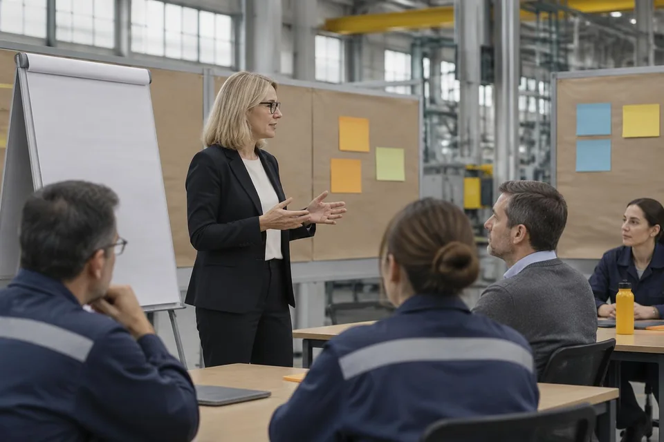 Lucyna Gorges moderiert einen Workshop mit Mitarbeitenden aus dem Werk