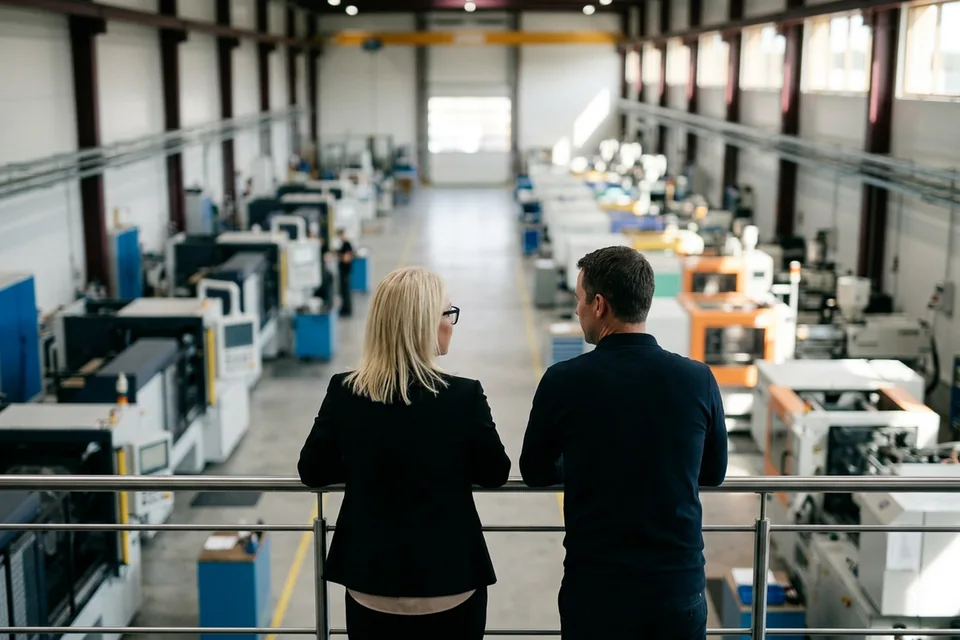 Zwei Führungskräfte blicken über ein Logistikzentrum