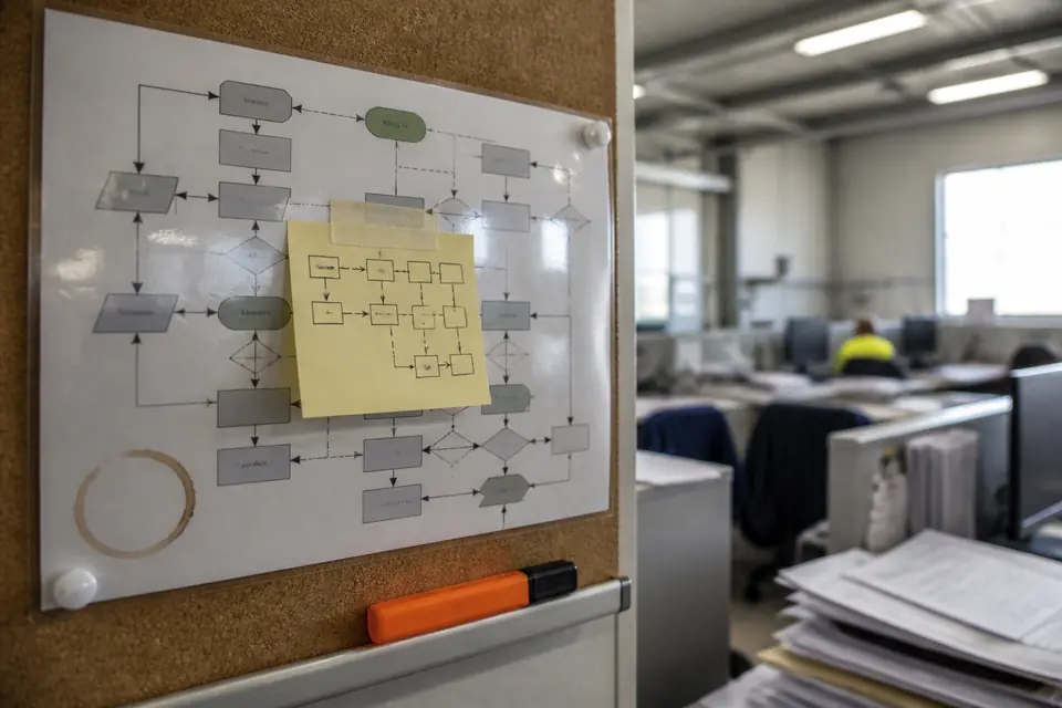 Laminierte Prozessgrafik an einer Pinnwand mit darüber geklebter handschriftlicher Notiz