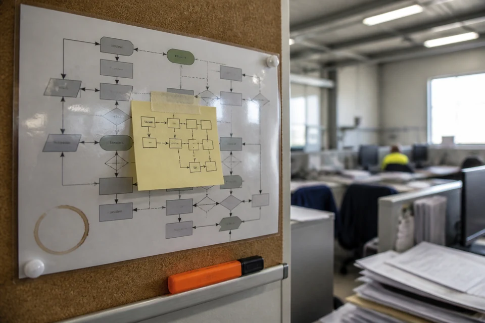 Laminierte Prozessgrafik an einer Pinnwand mit darüber geklebter handschriftlicher Notiz