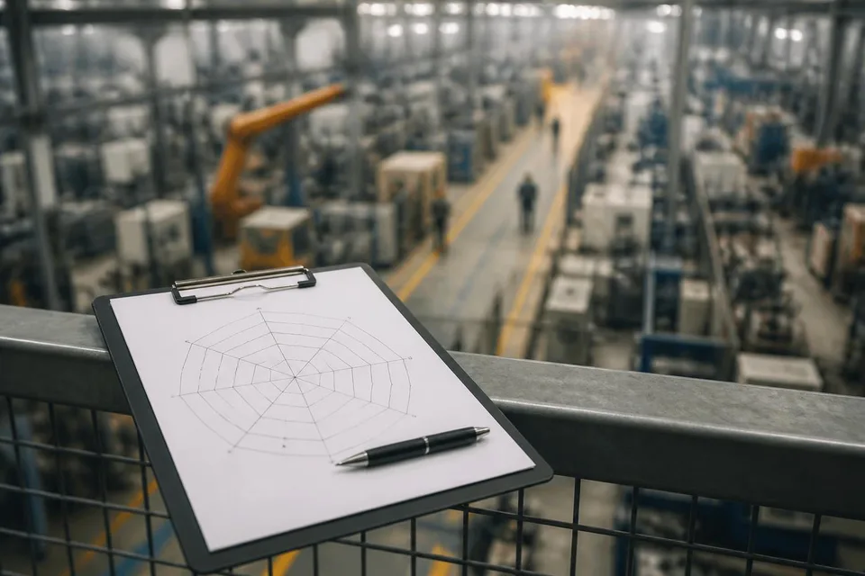 Klemmbrett mit leerem Spinnendiagramm über der Produktionshalle
