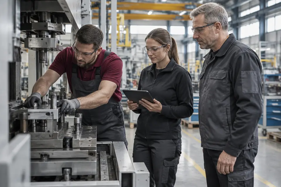 Ein Team rüstet schweres Werkzeug unter den Augen der Planung
