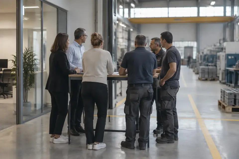 Mitarbeitende diskutieren gemeinsam einen Ablauf in der Produktion