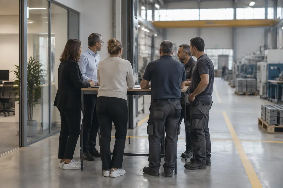 Stehmeeting zwischen Werksbüro und Produktion