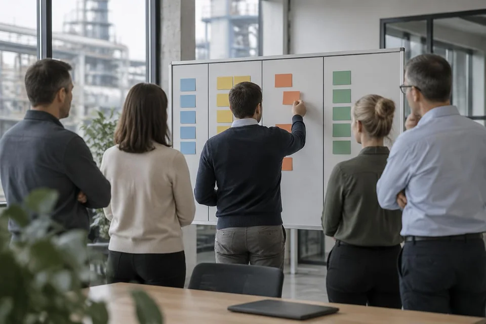 Büroteam arbeitet an einem physischen Kanban-Board