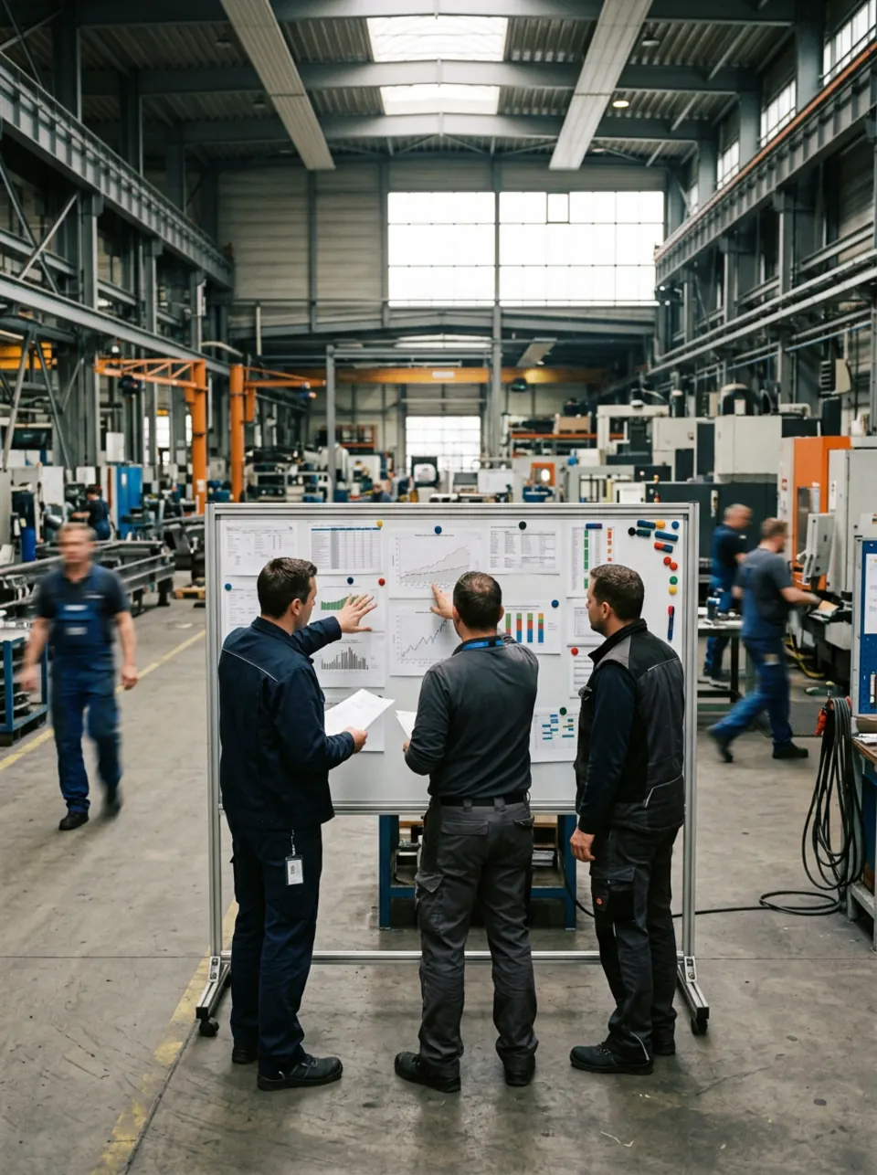 Team bespricht Kennzahlen an einem Shopfloor-Board in einer grossen Produktionshalle