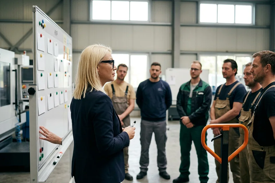 Schichtbesprechung in einer Lebensmittelproduktion