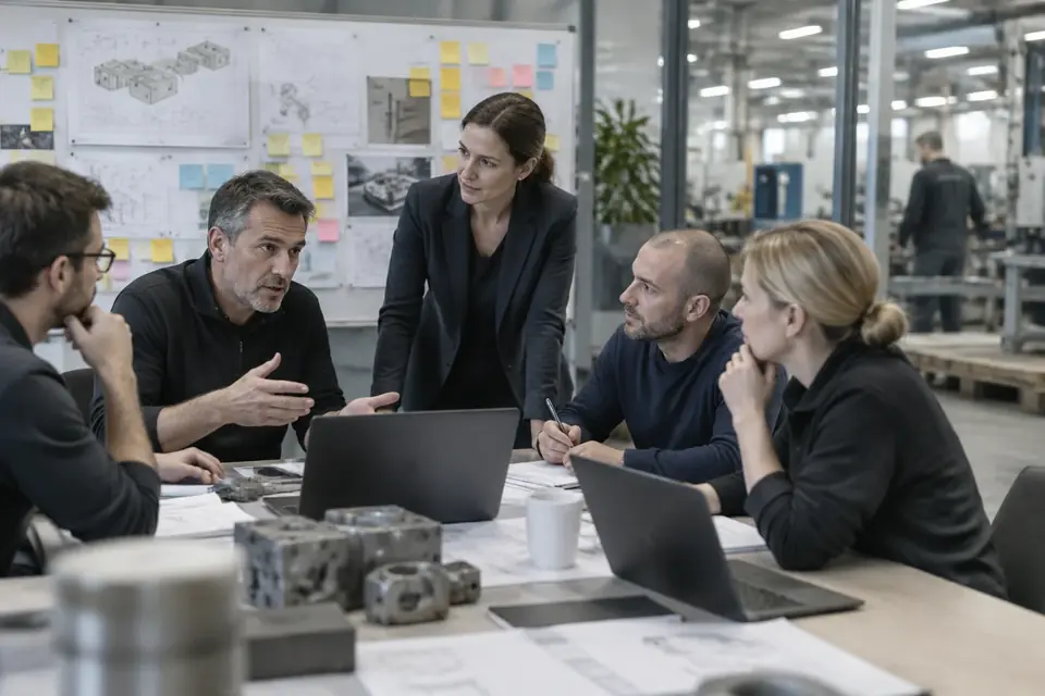 Aufmerksame Führungsrunde an einem Tisch vor einer grossen Planungswand