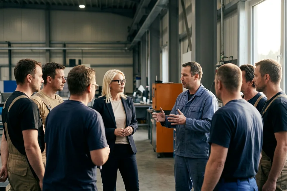Werkerteam im Austausch in einer Elektronikfertigung
