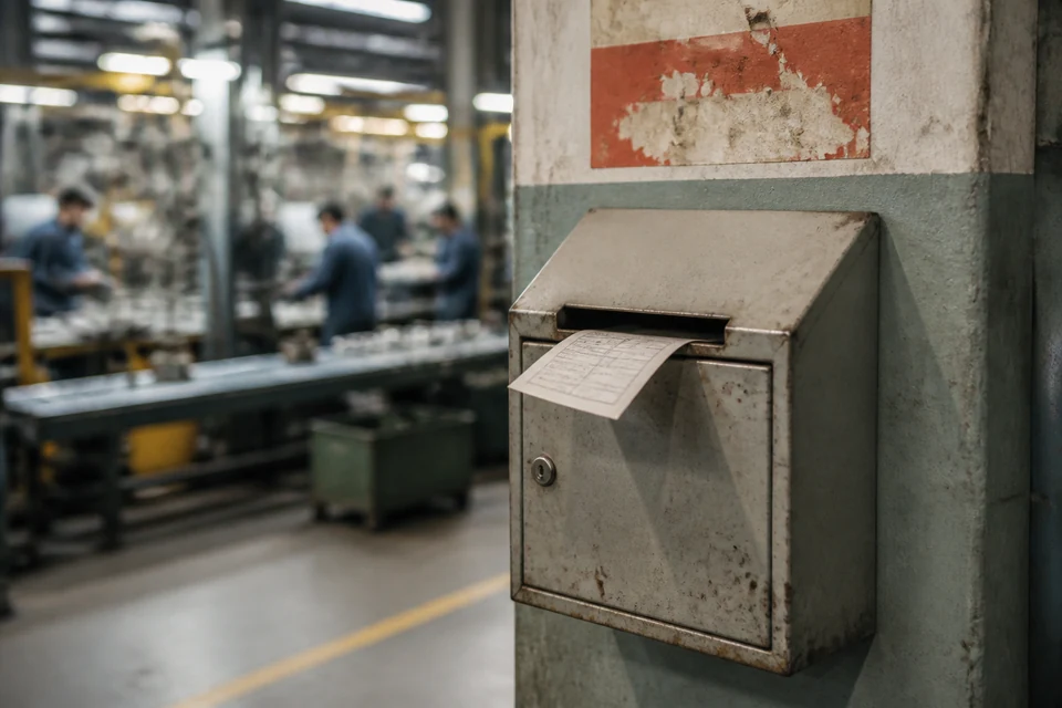 Verstaubter KVP-Briefkasten an einer Säule in einer Produktionshalle mit halb eingeworfenem Zettel