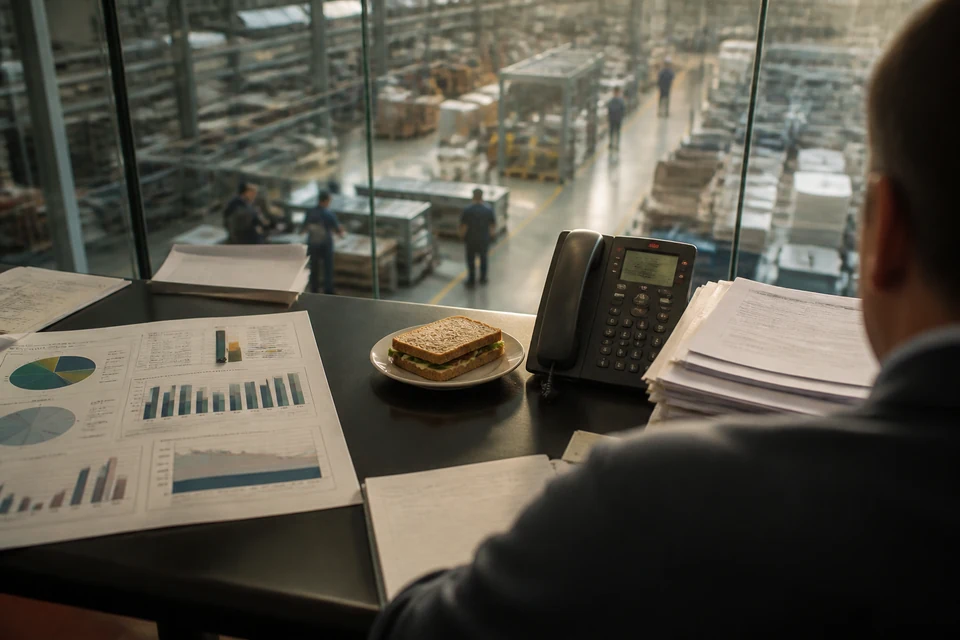 Schreibtisch eines Abteilungsleiters im Glasbüro über der Produktionshalle zwischen Strategiepapier und Schichtberichten