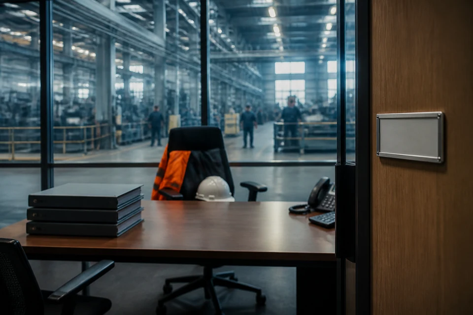 Neues Werkleiterbüro mit unbenutzter Warnweste und Helm, dahinter die Halle