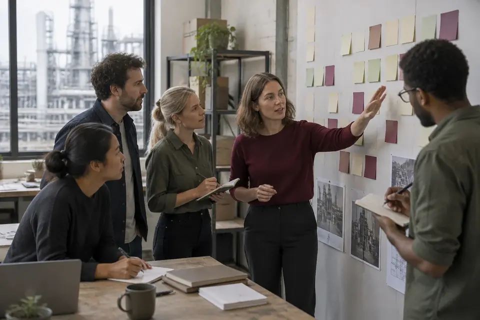 Ein Workshop-Team sitzt ratlos vor vielen Ideen ohne Entscheidung